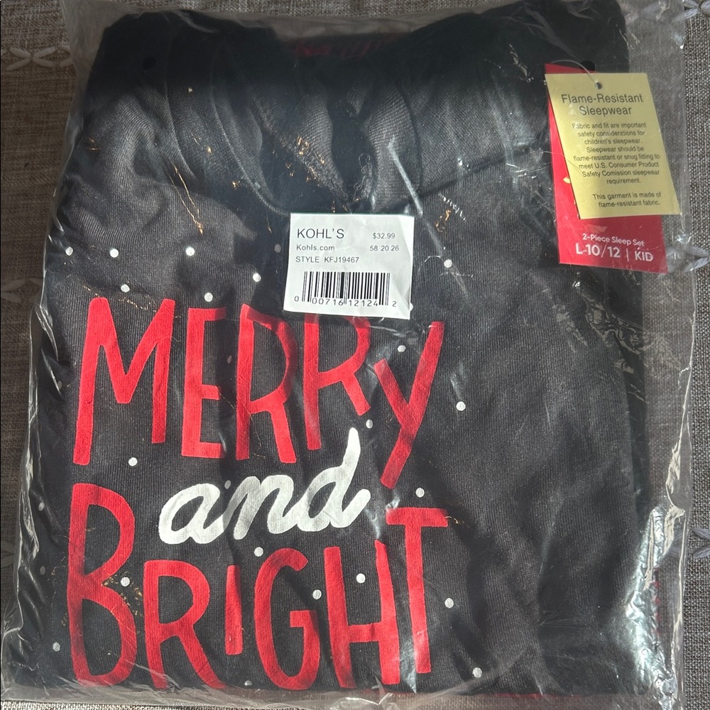 Kohl's Festive Black Pajama Set with Red and White Accents- Kids L 10-12